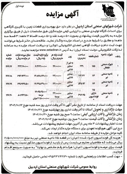 مزایده حق بهره برداری قطعات زمین با کاربری کارگاهی برای احداث کارگاه تولیدی صنعتی