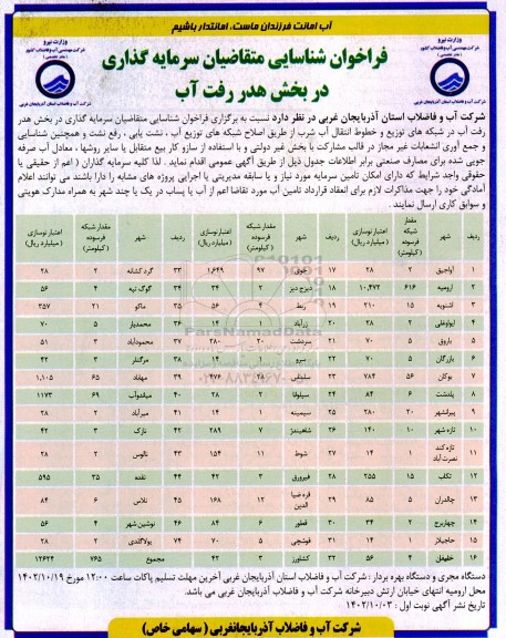 فراخوان مناقصه و مزایده شناسایی متقاضیان سرمایه گذاری در بخش هدر رفت آب