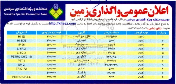 مزایده فروش املاک و اراضی با کاربری فلزی غیرآلاینده و شیمیایی و صنایع سبک 
