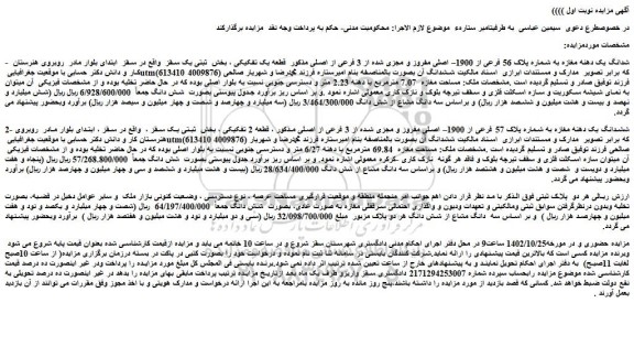 مزایده فروش ششدانگ یک دهنه مغازه به شماره پلاک 56 فرعی از 1900– اصلی مفروز و مجزی شده از 3 فرعی از اصلی