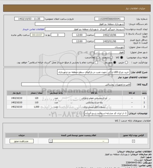 استعلام خرید چراغ LED پارکی جهت نصب در پارکهای سطح منطقه دو شهرداری