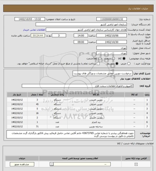 استعلام درخواست دوربین مطابق مشخصات و ویژگی های پیوست