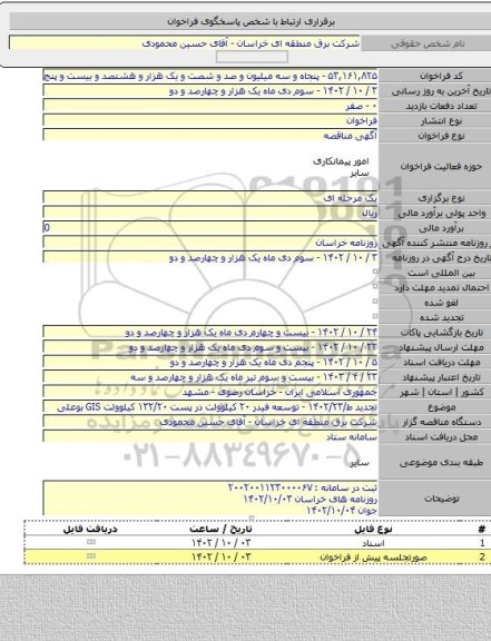 مناقصه, تجدید ط/۱۴۰۲/۲۳ - توسعه فیدر ۲۰ کیلوولت در پست ۱۳۲/۲۰ کیلوولت  GIS بوعلی