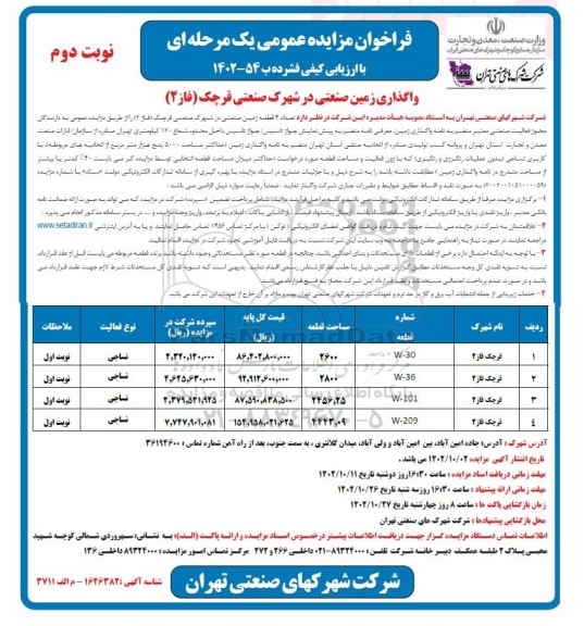 فراخوان مزایده واگذاری زمین صنعتی نوبت دوم 