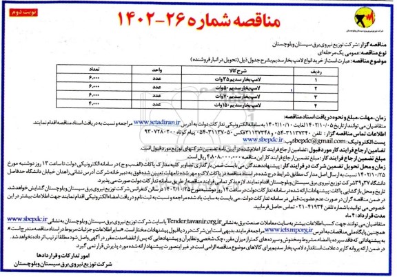 مناقصه خرید انواع لامپ بخار سدیم نوبت دوم