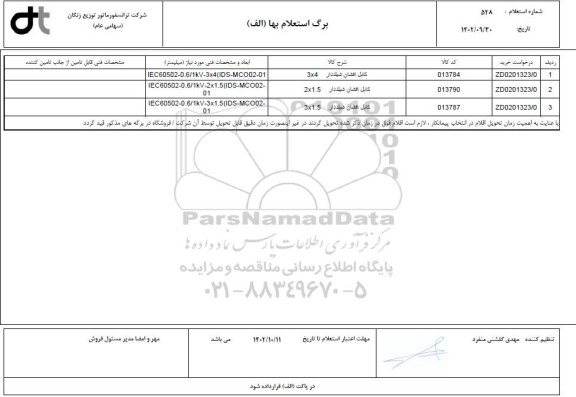 استعلام خرید کابل افشان شیلددار
