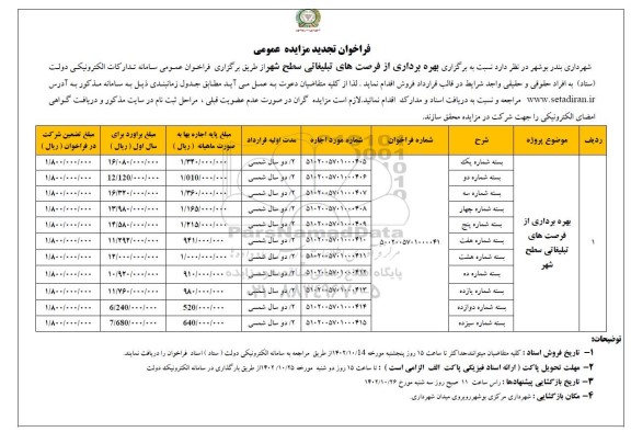 تجدید مزایده بهرهبرداری از فرصت های تبلیغاتی سطح شهر
