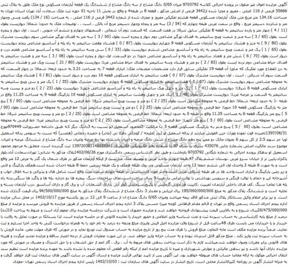 آگهی مزایده میزان 0/65 دانگ مشاع از سه دانگ مشاع از ششدانگ یک قطعه آپارتمان مسکونی نوع ملک طلق به پلاک ثبتی 55666 فرعی از 116 اصلی