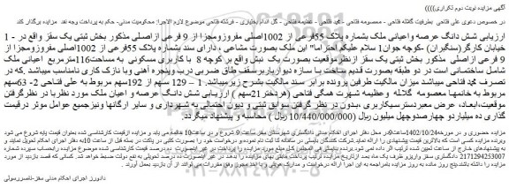 مزایده فروش شش دانگ عرصه واعیانی ملک بشماره پلاک 55فرعی از 1002اصلی مفروزومجزا از 9 فرعی ازاصلی