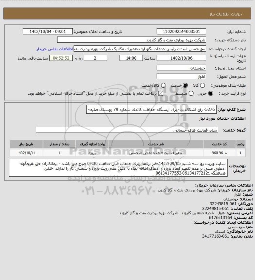 استعلام 5276- رفع اشکال پایه برق ایستگاه حفاظت کاتدی شماره 79 روستای صلیعه