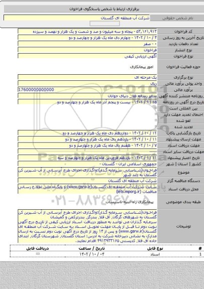 مناقصه, فراخوان(شناسایی سرمایه گذار):واگذاری اجرای طرح آبرسانی از آب شیرین کن گلستان به چند شهر