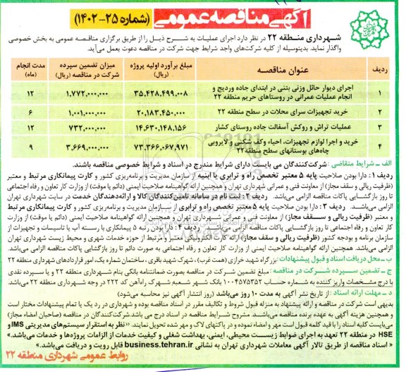 مناقصه اجرای دیوار حائل وزنی بتنی در ابتدای جاده وردیج...