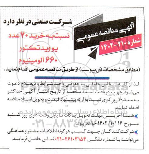 مناقصه خرید 70 عدد یو ویدتکتور 660 آلومینیوم 