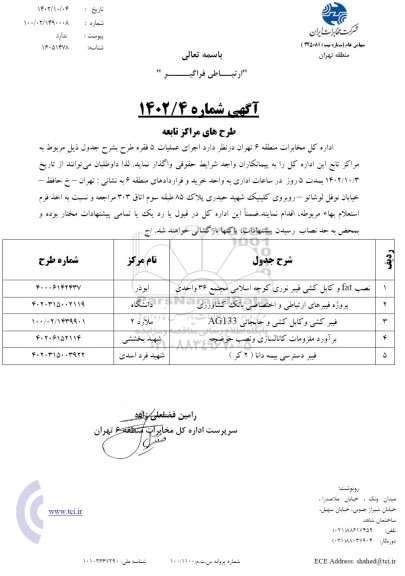 مناقصه , مناقصه نصب FAT کابل کشی فیبرنوری کوچه اسلامی