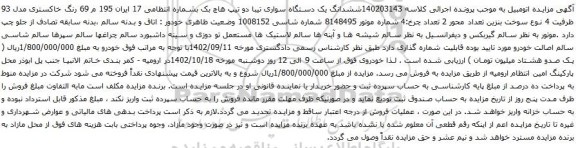 آگهی مزایده ششدانگ یک دستگاه سواری تیبا دو تیپ هاچ بک