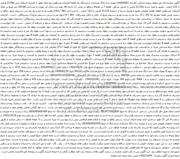 آگهی مزایده مقدار سه دانگ مشاع از ششدانگ یک قطعه آپارتمان مسکونی نوع ملک طلق با کاربری به پلاک ثبتی 21796 فرعی از 122 اصلی