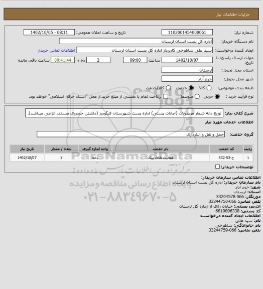 استعلام توزیع دانه شمار مرسولات (امانات پستی) اداره پست شهرستان الیگودرز (داشتن خودروی مسقف الزامی میباشد).