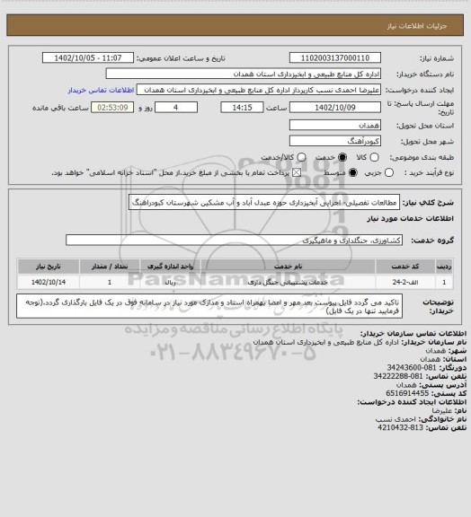 استعلام مطالعات تفصیلی- اجرایی آبخیزداری حوزه عبدل آباد و آب مشکین شهرستان کبودراهنگ
