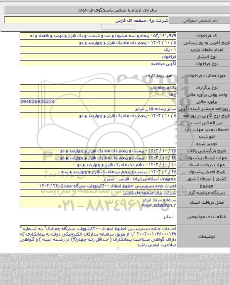 مناقصه, احداث جاده دسترسی خطوط انتقال ۴۰۰کیلوولت بندرگاه-چغادک ۱۲۴-۱۴۰۲