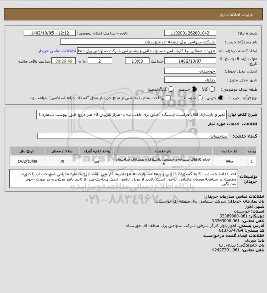 استعلام تمیر و بازسازی اتاق حراست ایستگاه اصلی برق هفت تپه به متراژ تقریبی 70 متر مربع طبق پیوست شماره 1