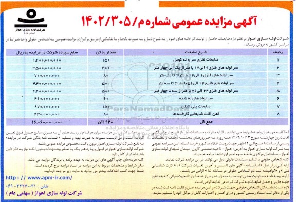 مزایده فروش ضایعات حاصل از تولید کارخانه ها...