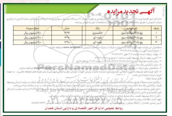 تجدید مزایده فروش تعداد 3 دستگاه خودروی سواری پژو 405 قابل شماره گذاری