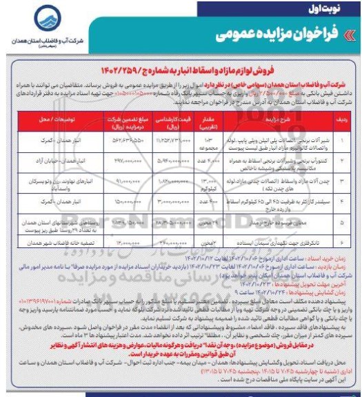 مزایده فروش لوازم مازاد و اسقاط انبار