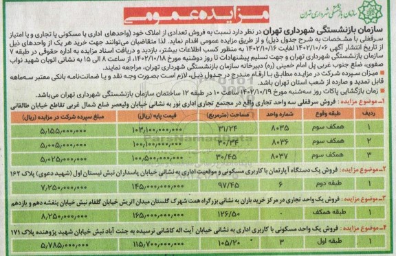 مزایده فروش تعدادی از املاک خود واحدهای اداری یا مسکونی با تجاری