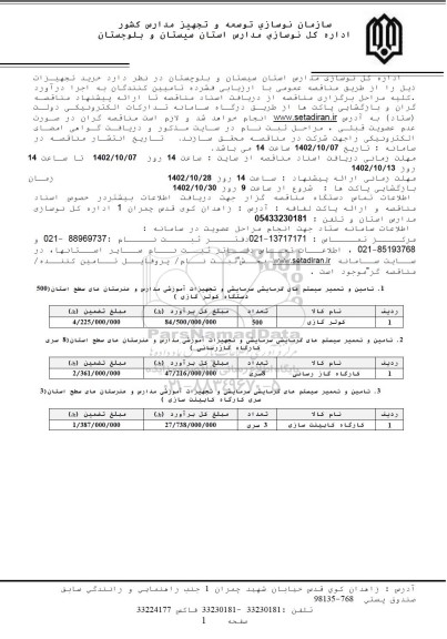 مناقصه خرید تجهیزات شامل کولر گازی....