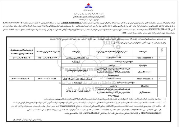 فراخوان مناقصه عمومی خرید قطعات میکانیکی توربین هیتاچی .....