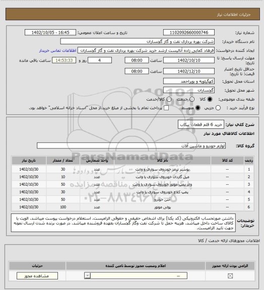 استعلام خرید 6 قلم قطعات پیکاب