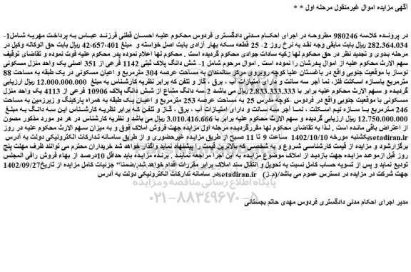 مزایده فروش 1- شش دانگ پلاک ثبتی 1142 فرعی از 351 اصلی یک واحد منزل مسکونی نوساز