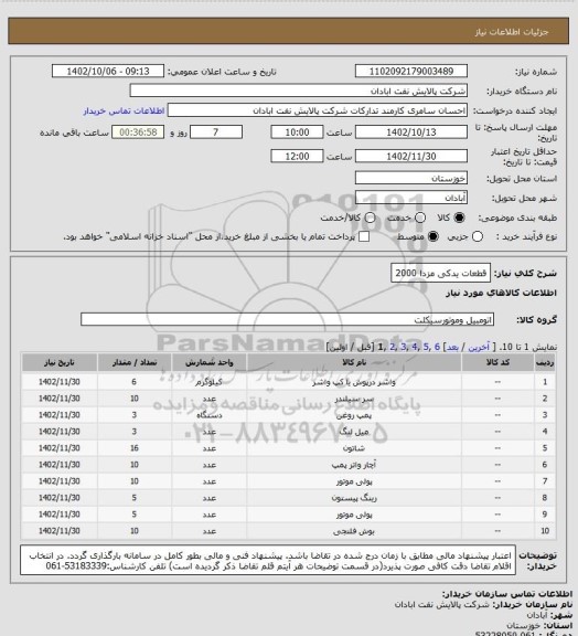 استعلام قطعات یدکی مزدا 2000