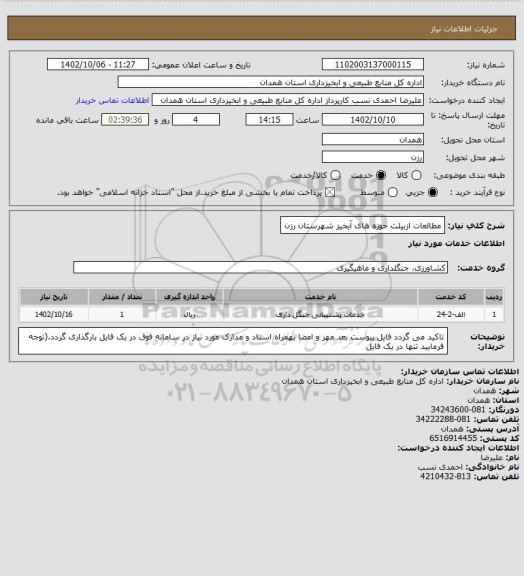 استعلام مطالعات ازبیلت حوزه های آبخیز شهرستان رزن
