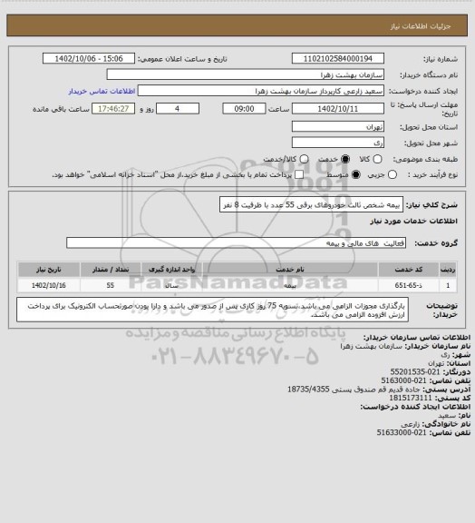 استعلام بیمه شخص ثالث خودروهای برقی 55 عدد با ظرفیت 8 نفر