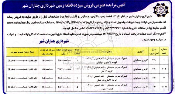 مزایده فروش سیزده قطعه زمین  با کاربری مسکونی 