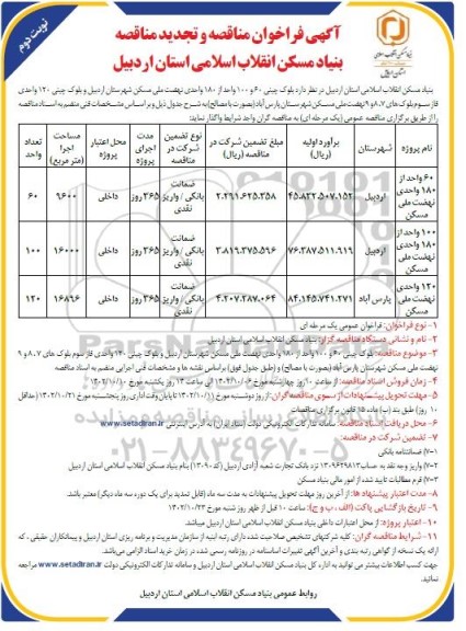 مناقصه بلوک چینی 60 و 100 واحد از 180 واحدی نهضت ملی مسکن و بلوک چینی 120 واحدی (به صورت با مصالح)  - نوبت دوم