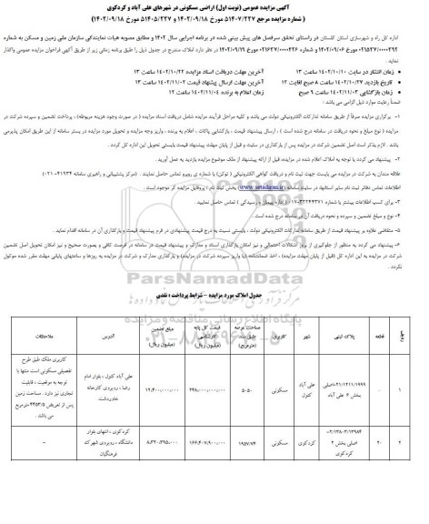 مزایده واگذاری دو قطعه اراضی مسکونی 