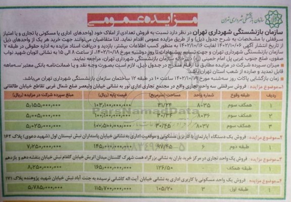مزایده عمومی فروش تعدادی از املاک...