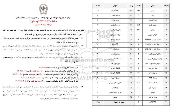 مزایده فروش یکجا و یکپارچه 1025 قلم تجهیزات رایانه