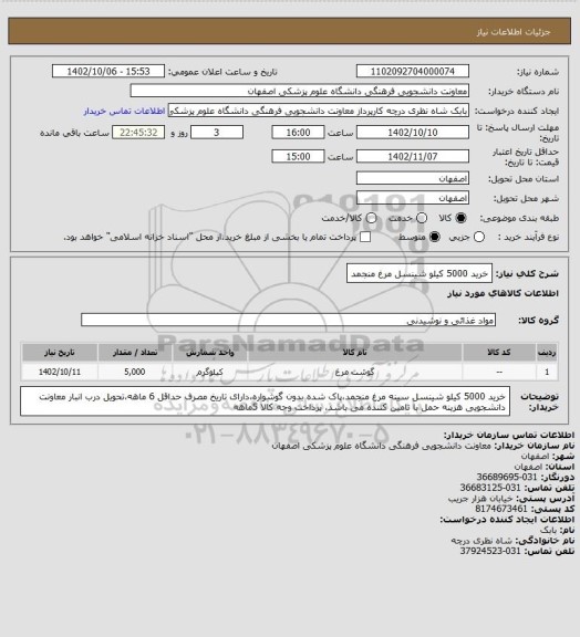 استعلام خرید 5000 کیلو شینسل مرغ منجمد