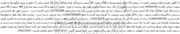 آگهی مزایده سهم و 32 صدم سهم مشاع از 480 سهم از 96 شعیر ششدانگ قریه چغاگرگ پلاک 35 اصلی بخش 5