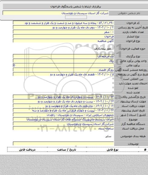 مناقصه, اجرای سیستم مانیتورینگ ایستگاه های گاز استان سیستان و بلوچستان