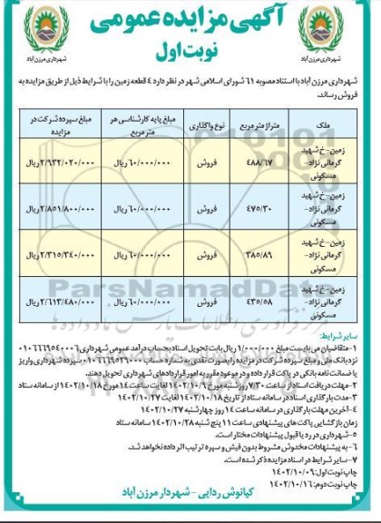 مزایده فروش 4 قطعه زمین