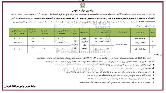 مزایده اجاره 3 سه باب غرفه تجاری در پایانه مسافربری برون شهری 