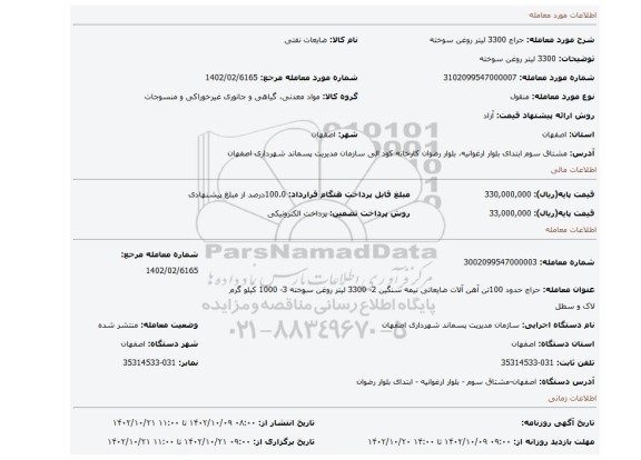 3300 لیتر روغن سوخته