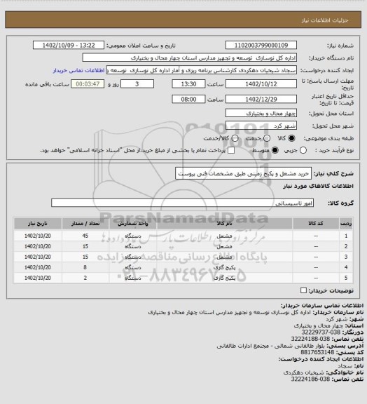 استعلام خرید مشعل و پکیج زمینی طبق مشخصات فنی پیوست