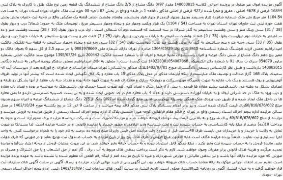 آگهی مزایده یک قطعه زمین با بنای احداثی نوع ملک طلق به پلاک ثبتی 972