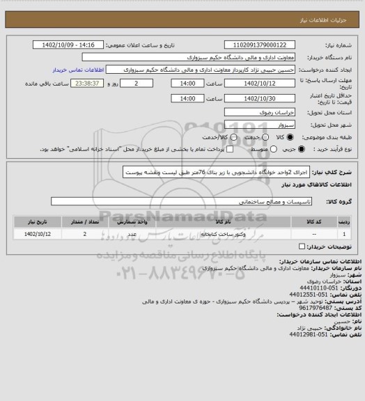 استعلام اجرای 2واحد خوابگاه دانشجویی با زیر بنای 76متر طبق لیست ونقشه پیوست
