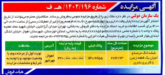 مزایده فروش ملک با کاربری تجاری